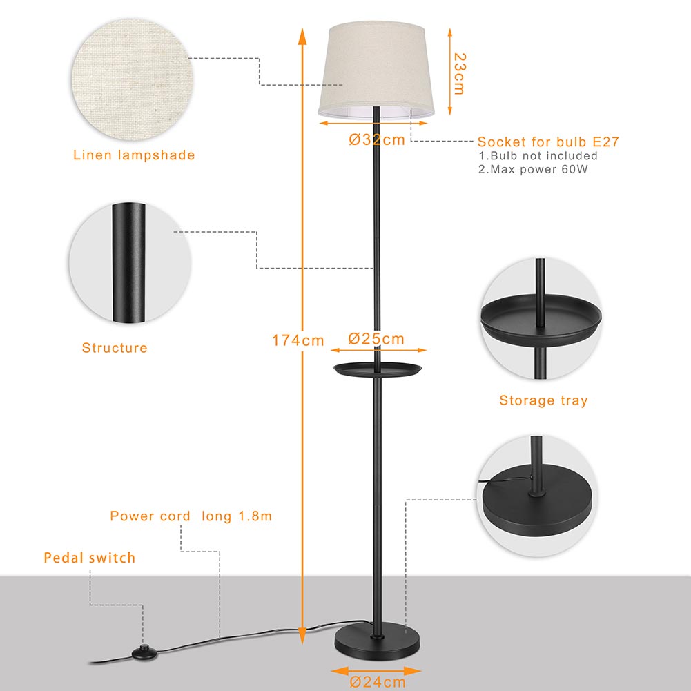 Lampada Piantana Terra Design Moderno Paralume E27 Tessuto con Tavolino Nero