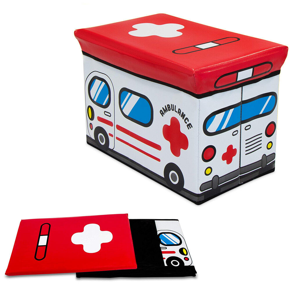 Pouf Contenitore Pieghevole Macchina Ambulanza Porta Giocattoli Bambini  49x31cm